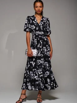 Puff Sleeve Jersey Maxi Dress, Black Spot