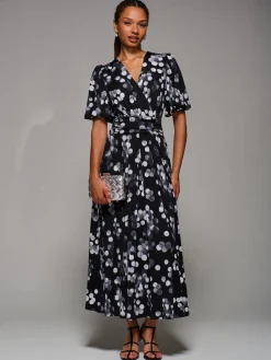 Puff Sleeve Jersey Maxi Dress, Black Spot