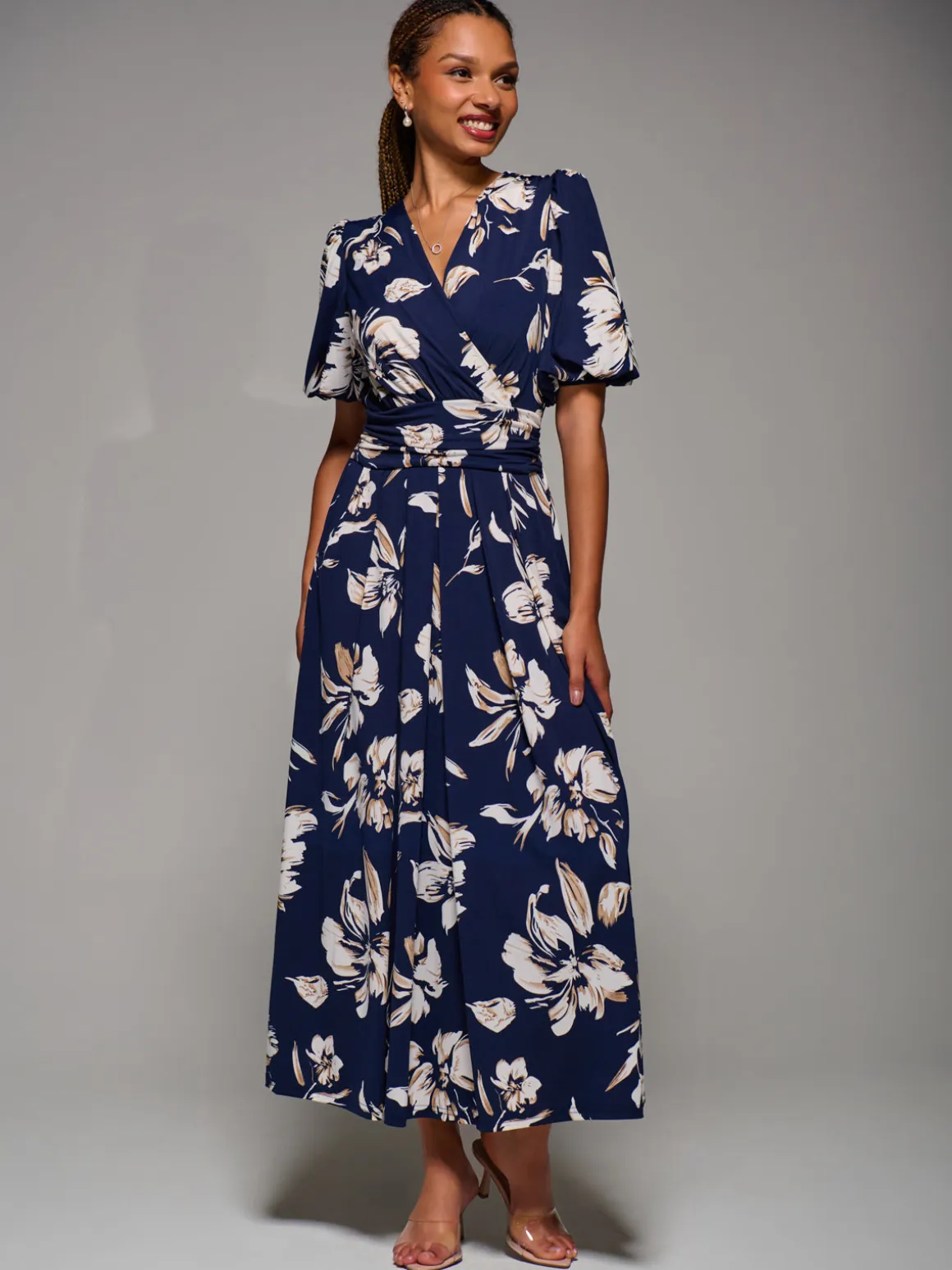 Puff Sleeve Jersey Maxi Dress, Navy Floral