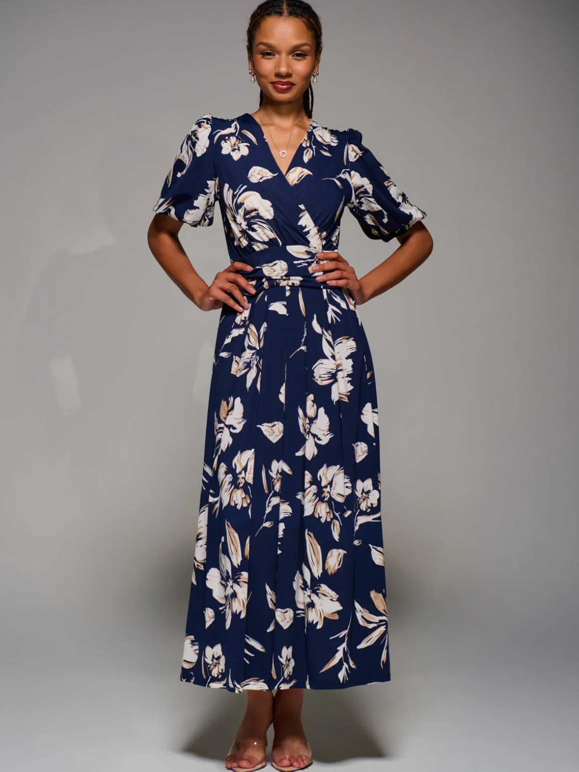 Puff Sleeve Jersey Maxi Dress, Navy Floral