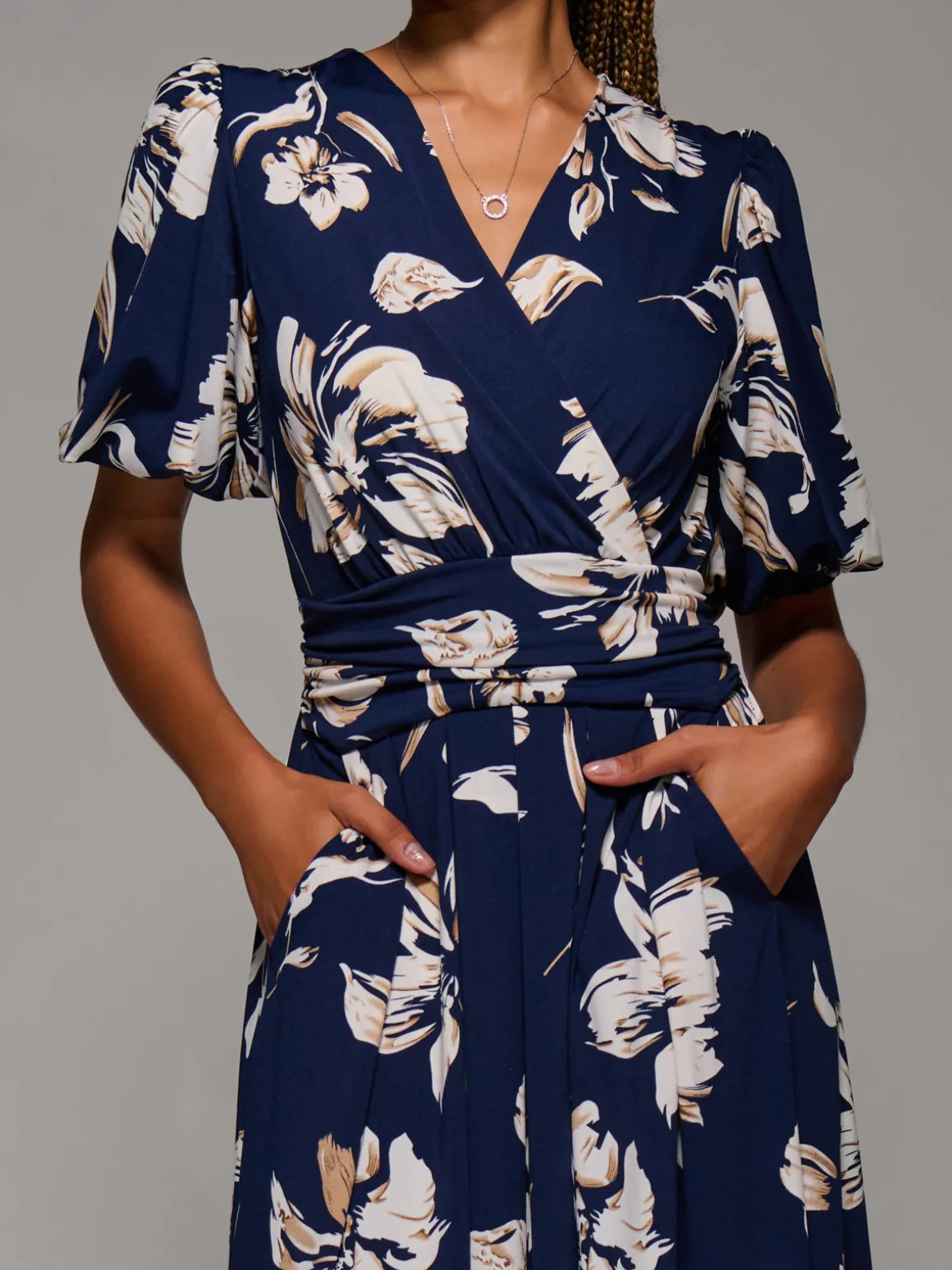 Puff Sleeve Jersey Maxi Dress, Navy Floral