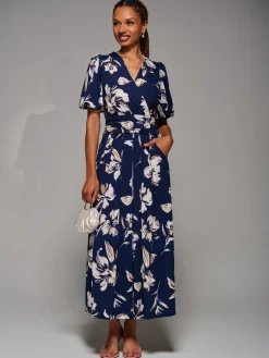 Puff Sleeve Jersey Maxi Dress, Navy Floral