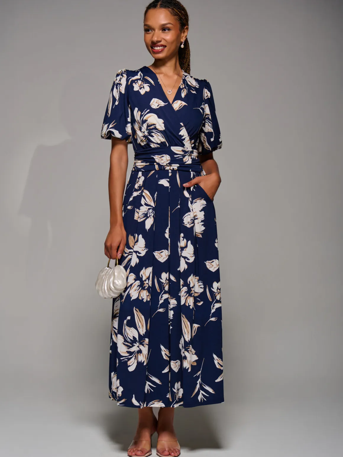 Puff Sleeve Jersey Maxi Dress, Navy Floral