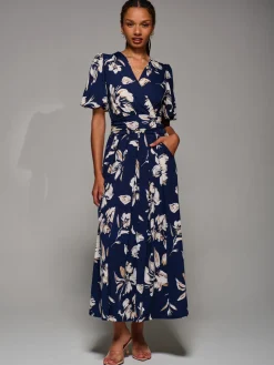 Puff Sleeve Jersey Maxi Dress, Navy Floral