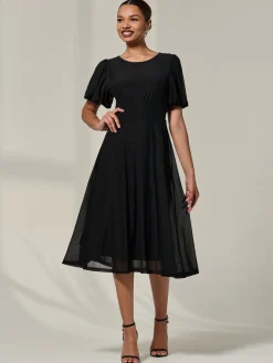 Puff Sleeve Mesh Midi Dress, Black