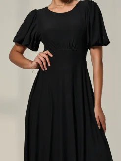 Puff Sleeve Mesh Midi Dress, Black