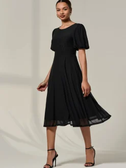 Puff Sleeve Mesh Midi Dress, Black