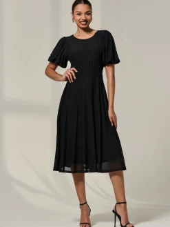 Puff Sleeve Mesh Midi Dress, Black