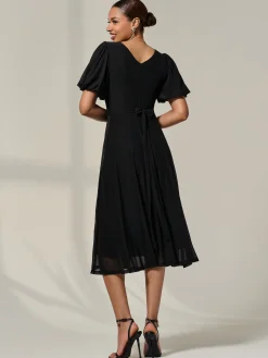 Puff Sleeve Mesh Midi Dress, Black