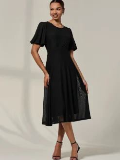 Puff Sleeve Mesh Midi Dress, Black