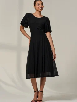 Puff Sleeve Mesh Midi Dress, Black
