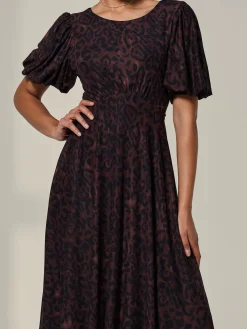 Puff Sleeve Mesh Midi Dress, Brown Leopard
