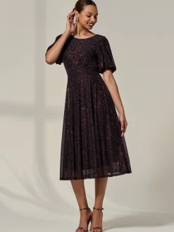 Puff Sleeve Mesh Midi Dress, Brown Leopard