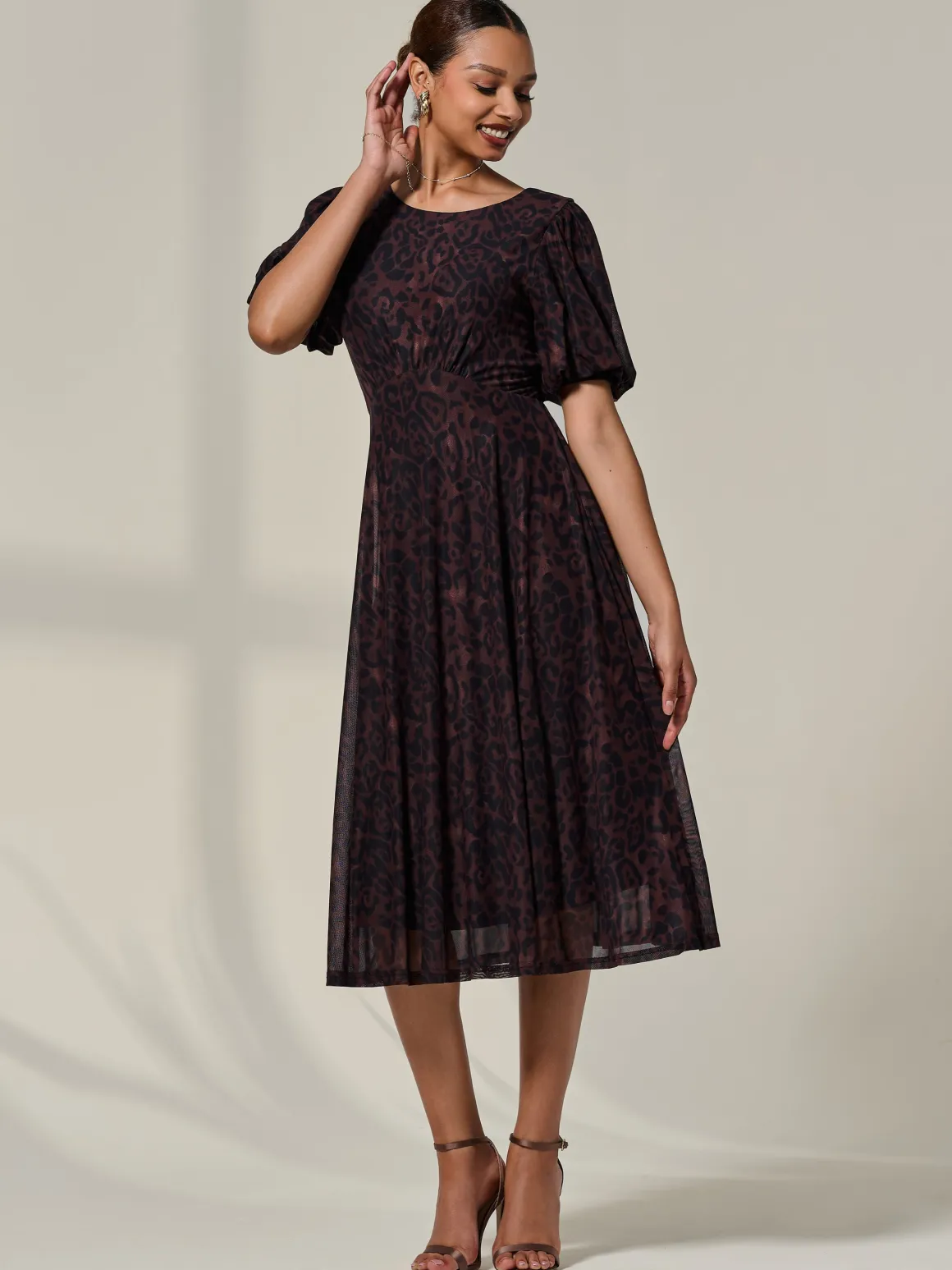 Puff Sleeve Mesh Midi Dress, Brown Leopard