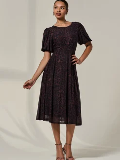 Puff Sleeve Mesh Midi Dress, Brown Leopard