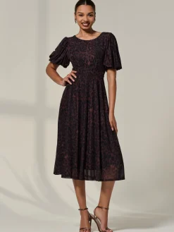 Puff Sleeve Mesh Midi Dress, Brown Leopard