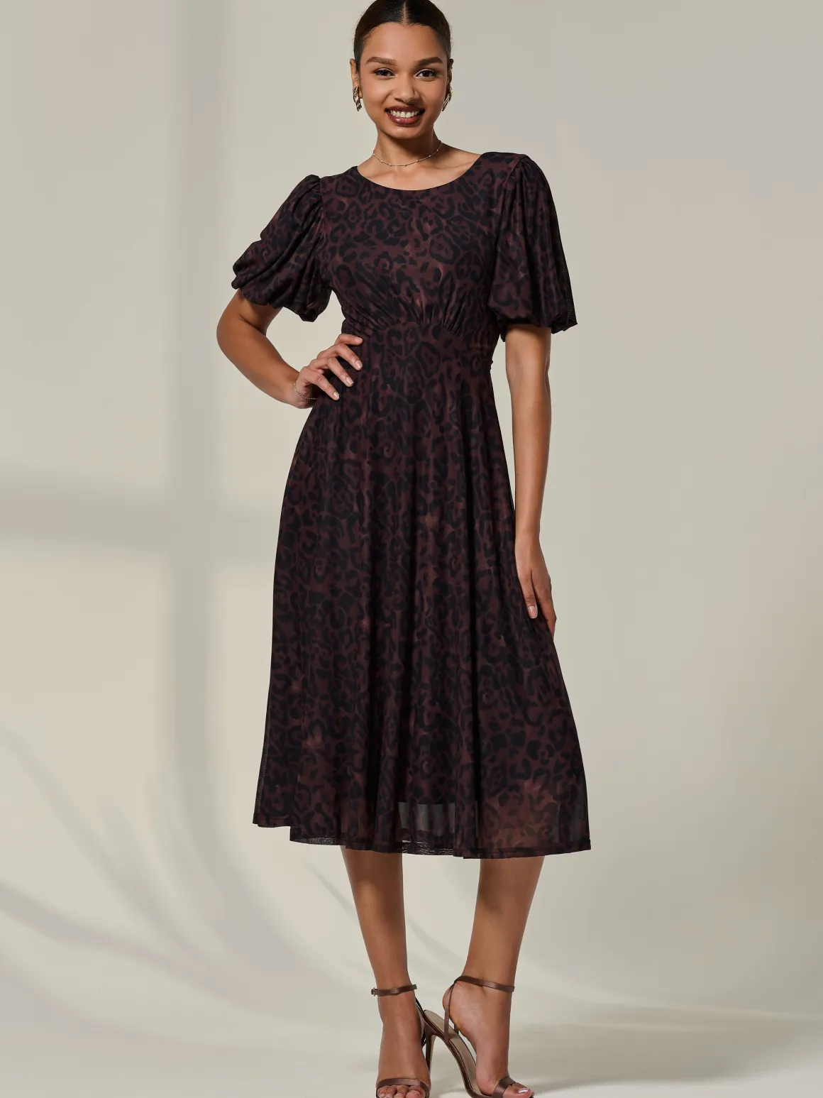 Puff Sleeve Mesh Midi Dress, Brown Leopard