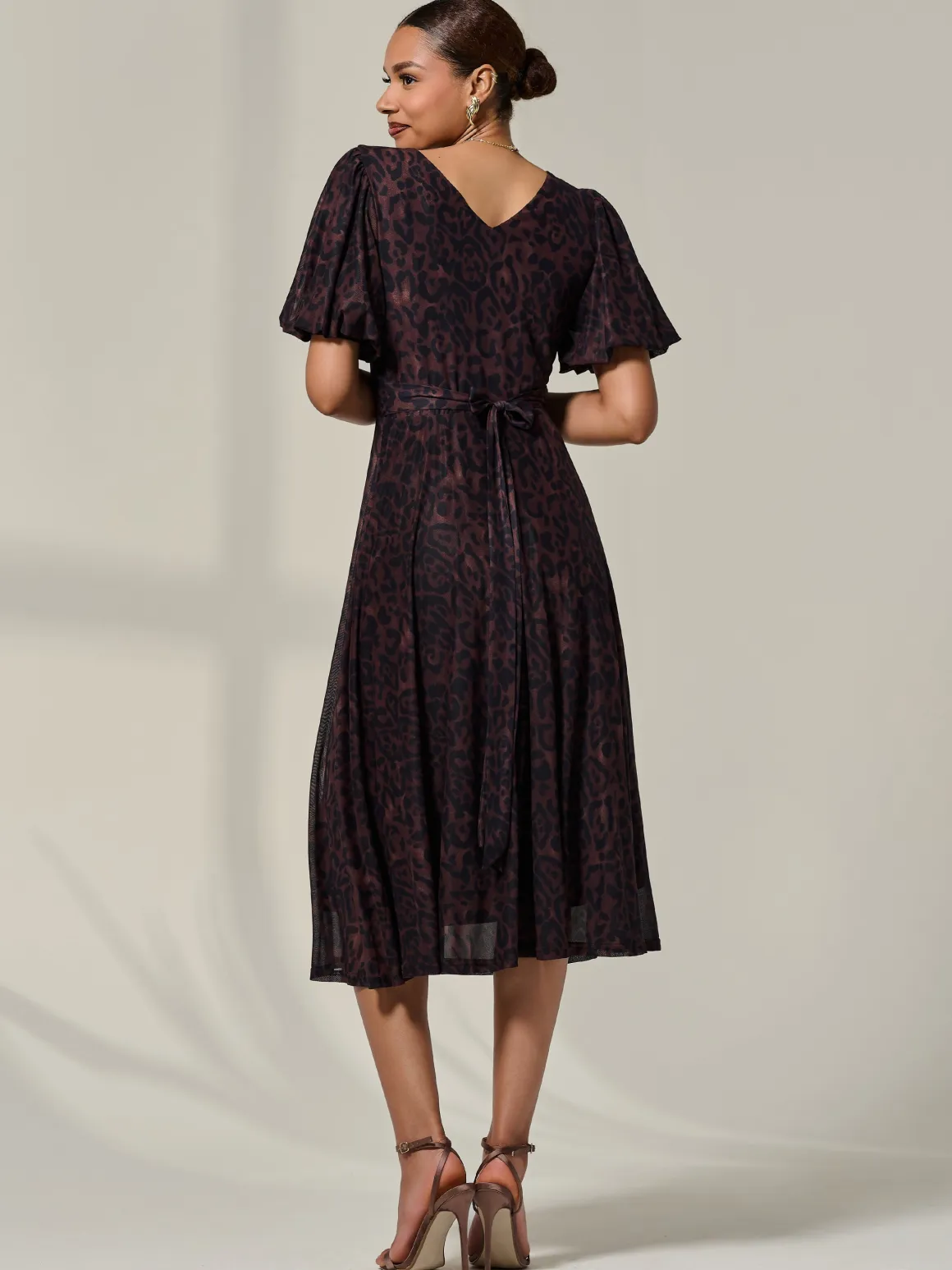 Puff Sleeve Mesh Midi Dress, Brown Leopard