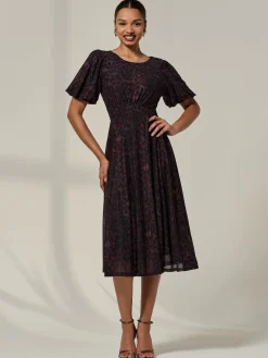 Puff Sleeve Mesh Midi Dress, Brown Leopard