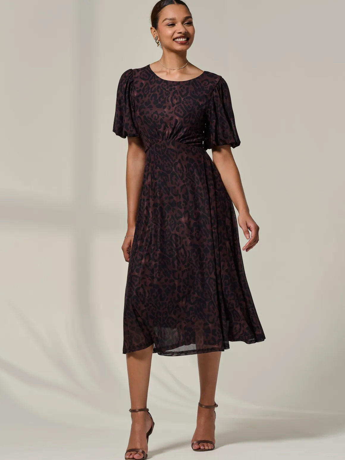 Puff Sleeve Mesh Midi Dress, Brown Leopard