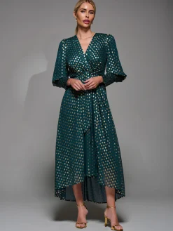 Puff Sleeve Metalic Spot Print Dip Hem Midi Dress Dark Green