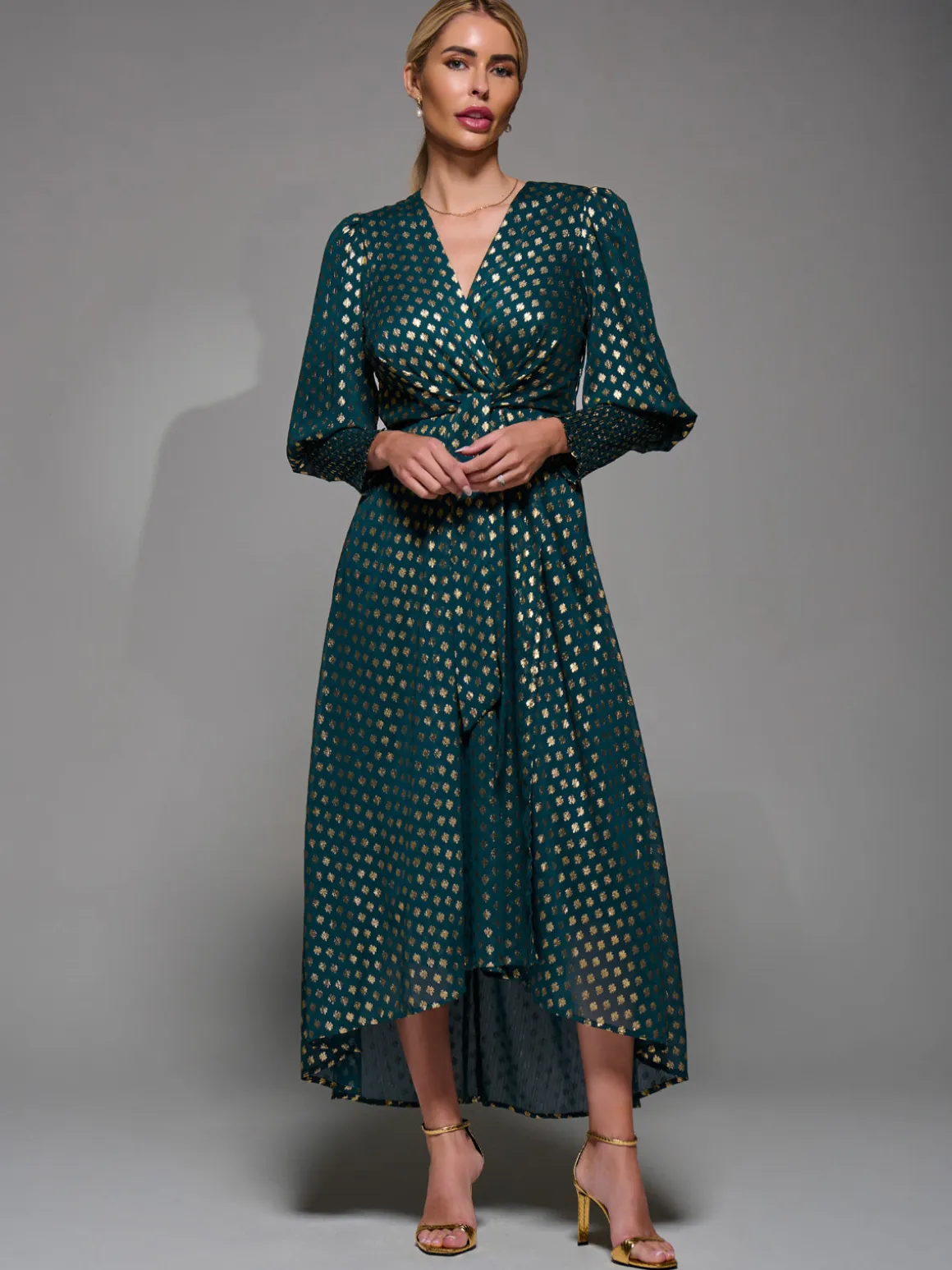 Puff Sleeve Metalic Spot Print Dip Hem Midi Dress Dark Green