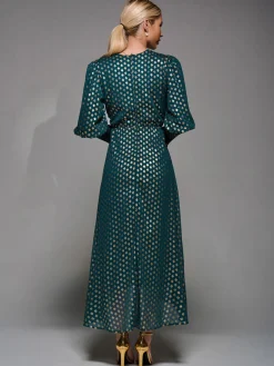 Puff Sleeve Metalic Spot Print Dip Hem Midi Dress Dark Green