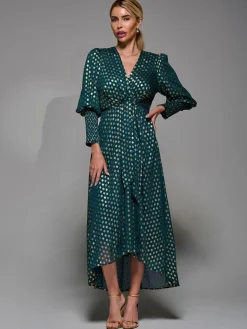 Puff Sleeve Metalic Spot Print Dip Hem Midi Dress Dark Green