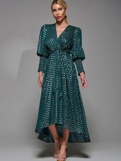 Puff Sleeve Metalic Spot Print Dip Hem Midi Dress Dark Green