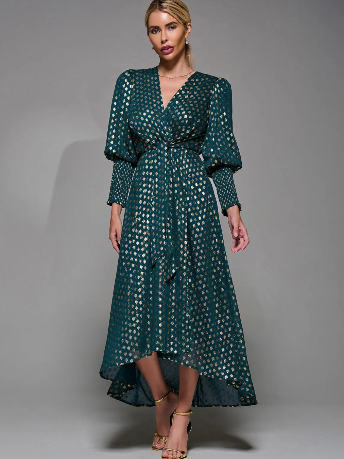Puff Sleeve Metalic Spot Print Dip Hem Midi Dress Dark Green