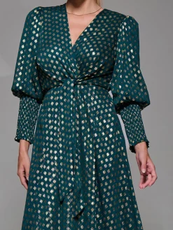 Puff Sleeve Metalic Spot Print Dip Hem Midi Dress Dark Green