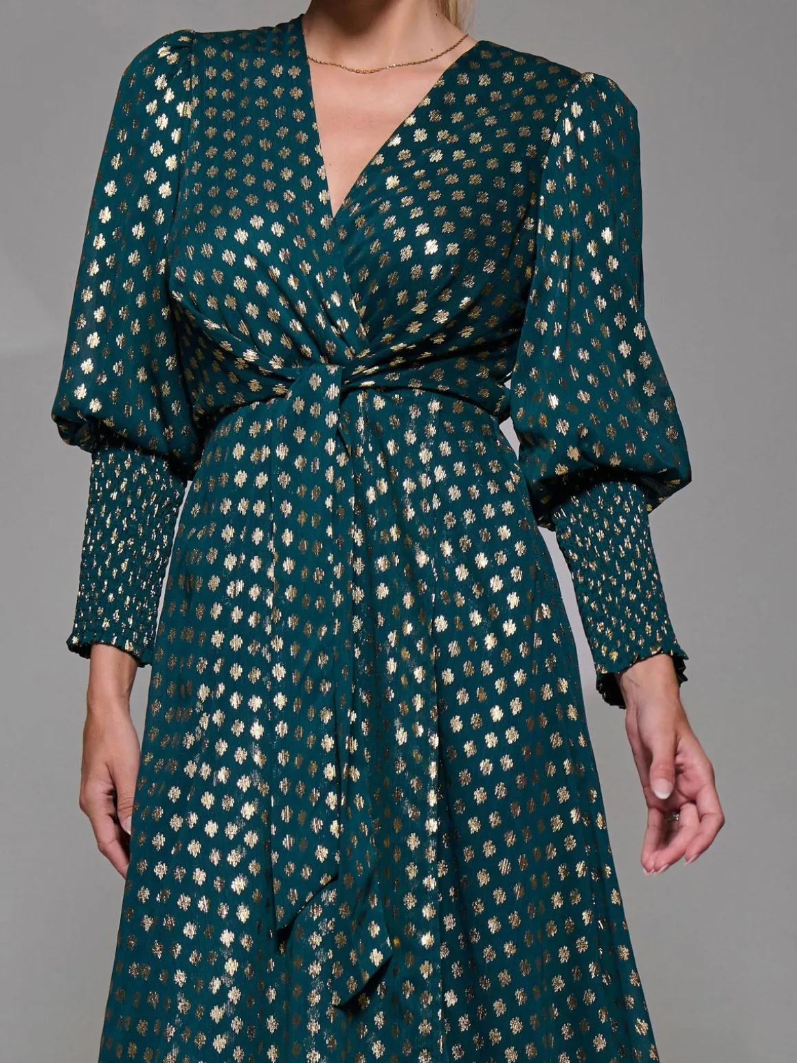 Puff Sleeve Metalic Spot Print Dip Hem Midi Dress Dark Green