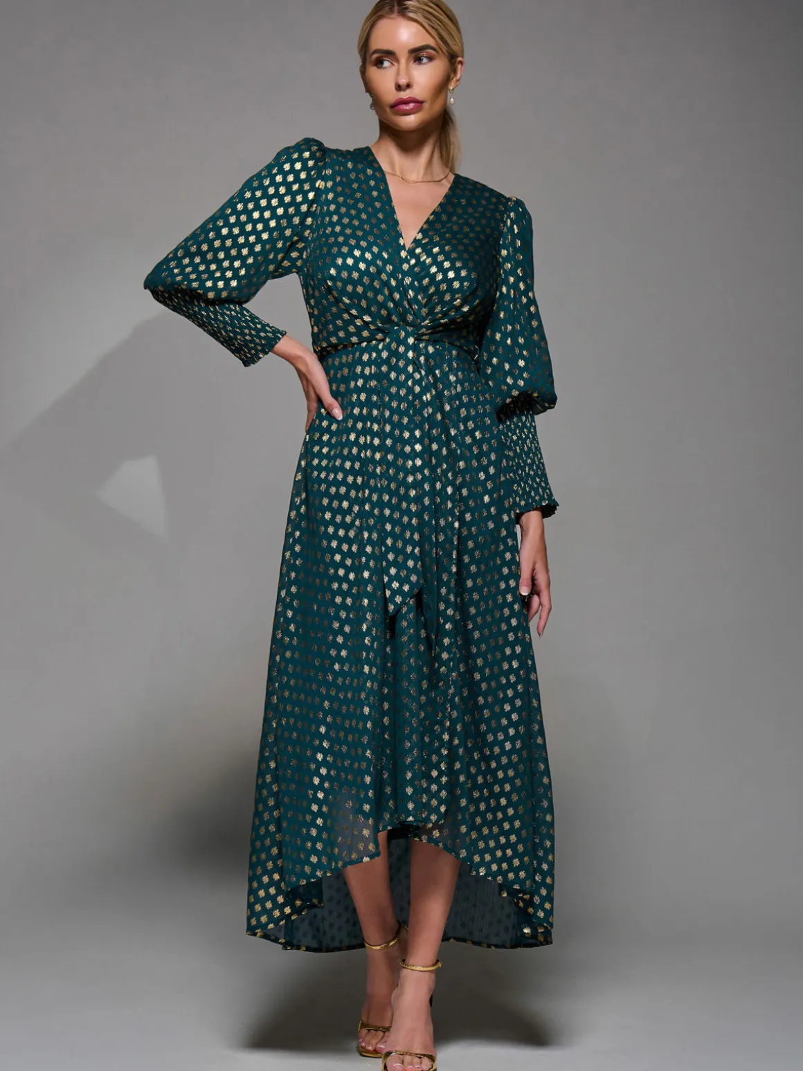 Puff Sleeve Metalic Spot Print Dip Hem Midi Dress Dark Green