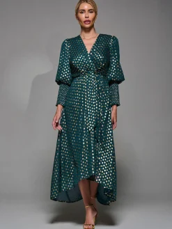 Puff Sleeve Metalic Spot Print Dip Hem Midi Dress Dark Green