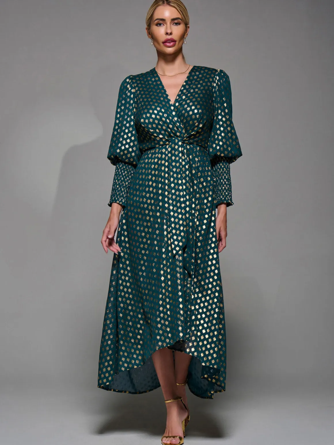 Puff Sleeve Metalic Spot Print Dip Hem Midi Dress Dark Green