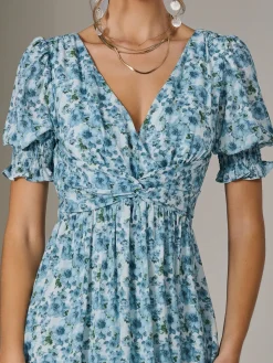 Puff Sleeve Midi Dress, Blue Floral