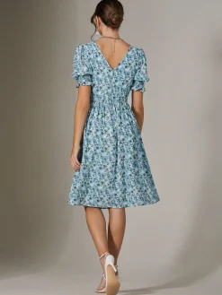 Puff Sleeve Midi Dress, Blue Floral