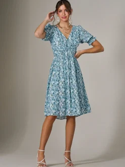 Puff Sleeve Midi Dress, Blue Floral