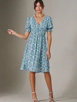 Puff Sleeve Midi Dress, Blue Floral