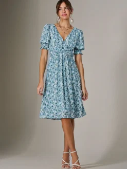 Puff Sleeve Midi Dress, Blue Floral
