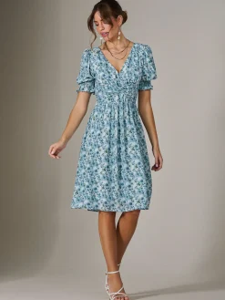 Puff Sleeve Midi Dress, Blue Floral
