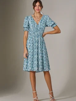 Puff Sleeve Midi Dress, Blue Floral