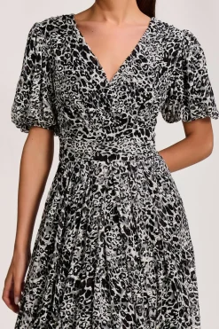 Puff Sleeve Printed Lace Maxi Dress, Black Animal