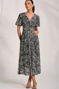 Puff Sleeve Printed Lace Maxi Dress, Black Animal