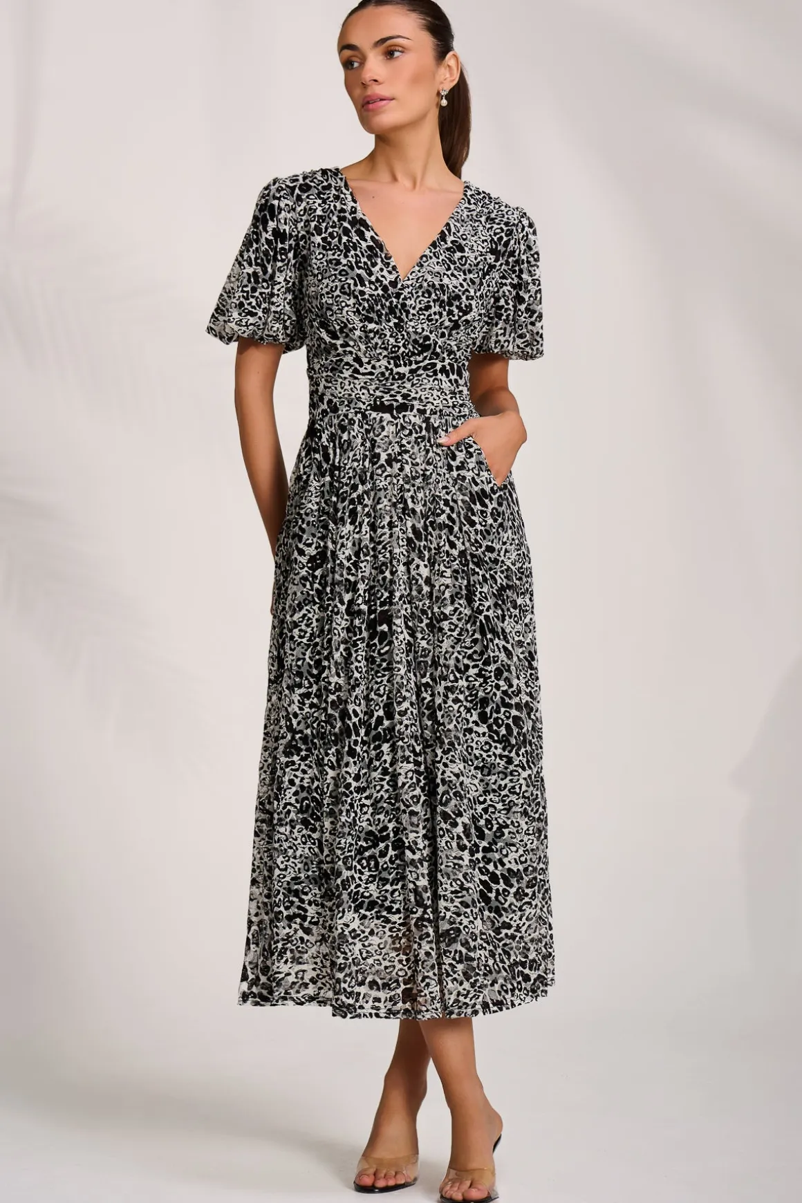 Puff Sleeve Printed Lace Maxi Dress, Black Animal