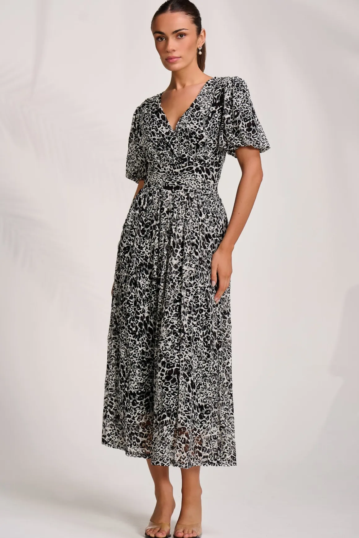 Puff Sleeve Printed Lace Maxi Dress, Black Animal