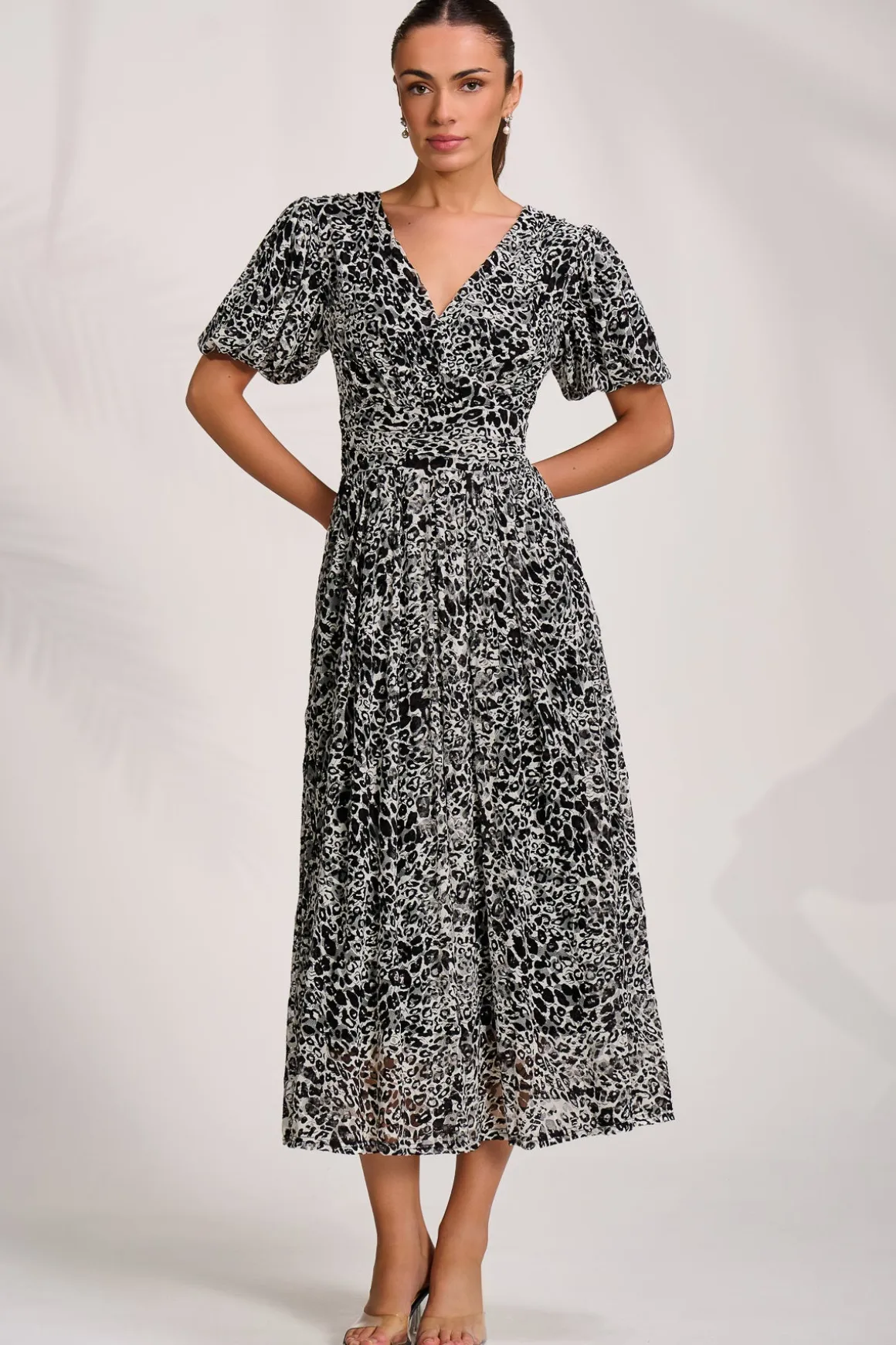 Puff Sleeve Printed Lace Maxi Dress, Black Animal