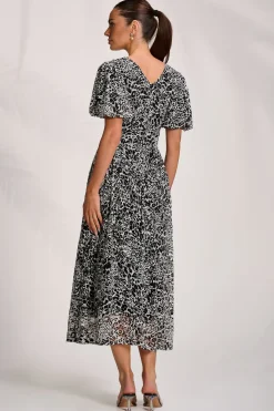 Puff Sleeve Printed Lace Maxi Dress, Black Animal