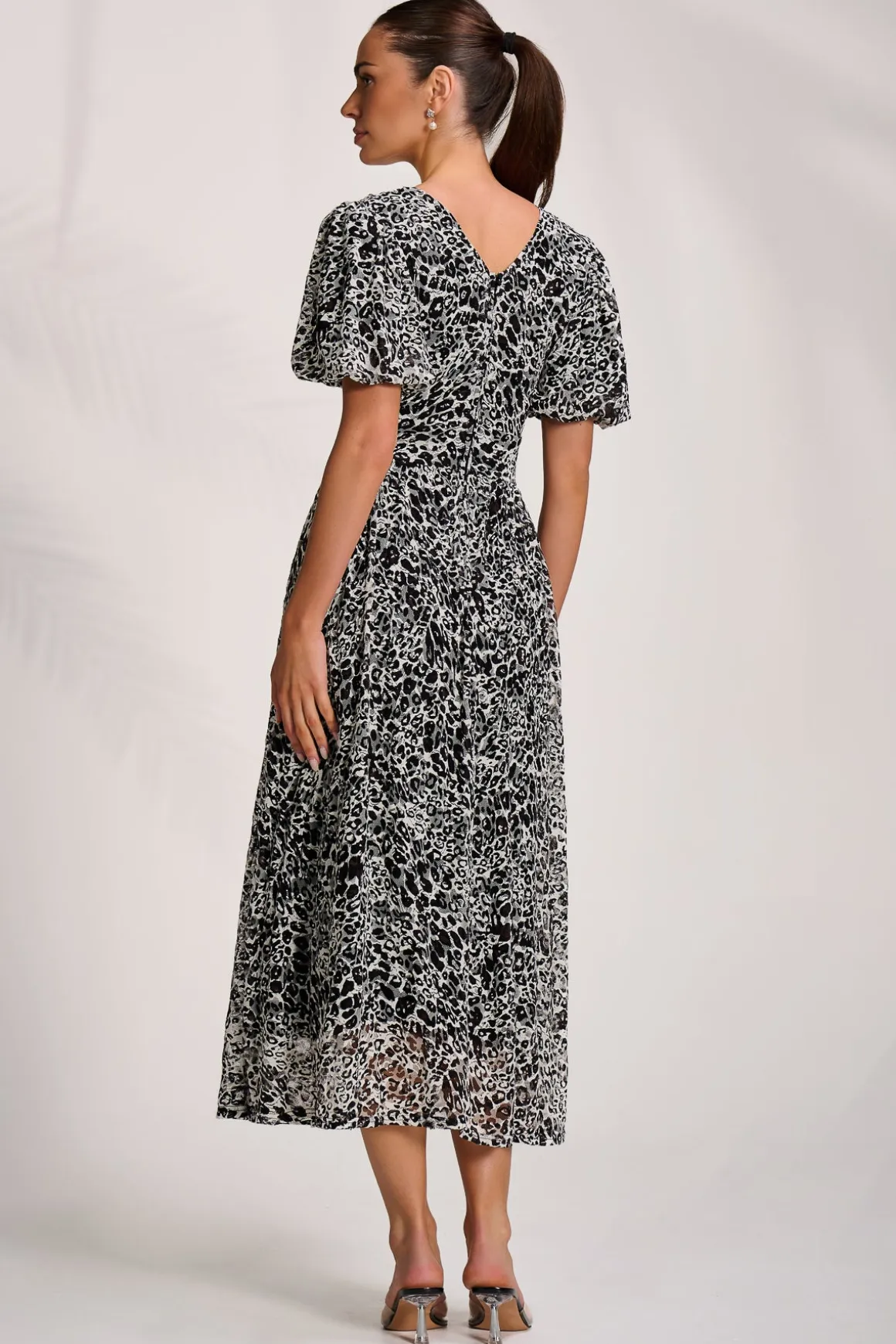 Puff Sleeve Printed Lace Maxi Dress, Black Animal