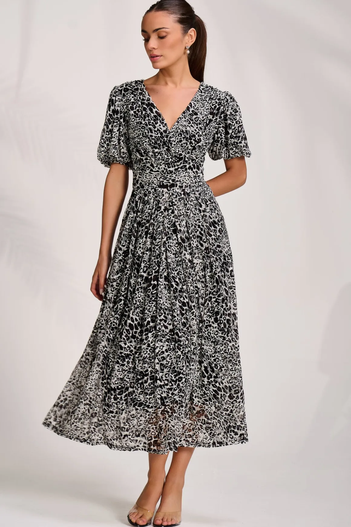 Puff Sleeve Printed Lace Maxi Dress, Black Animal